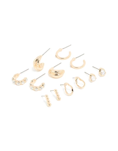 Gold Diamante Ornate Stud & Hoop Earrings 6-Pack