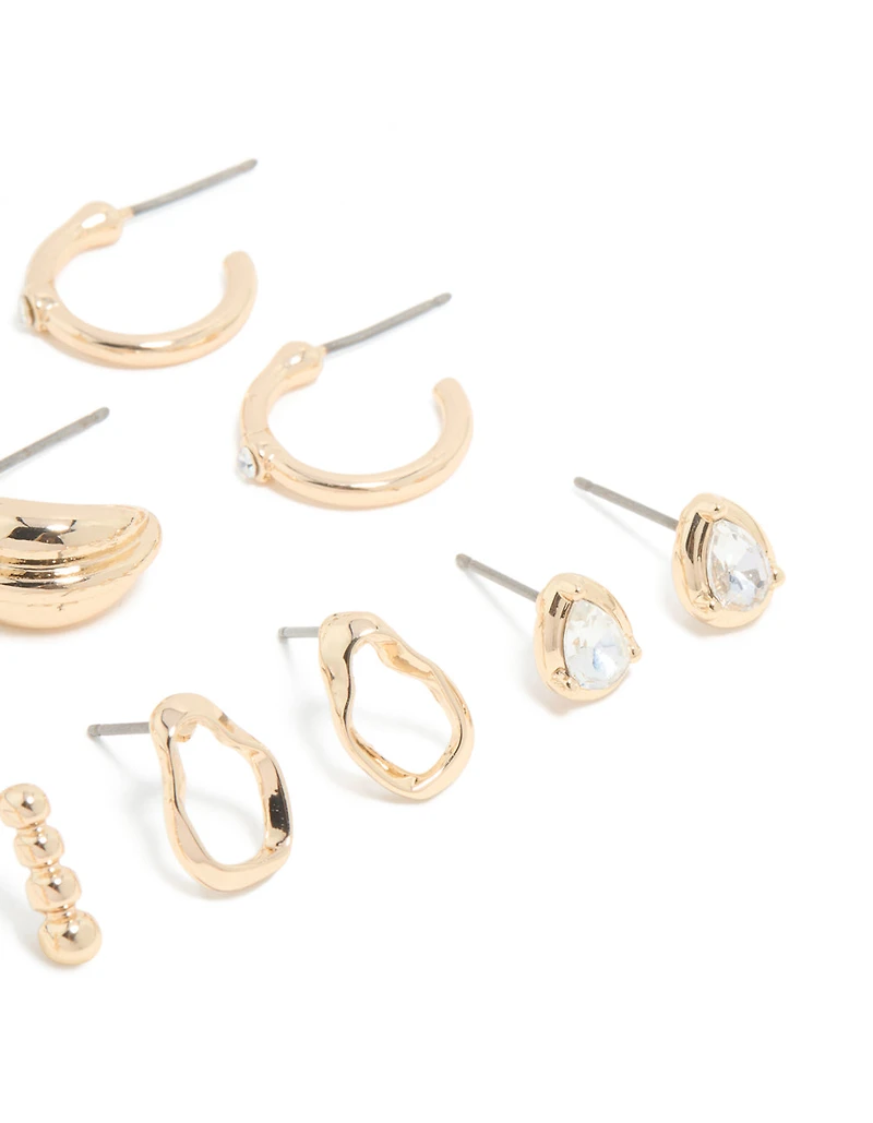 Gold Diamante Ornate Stud & Hoop Earrings 6-Pack