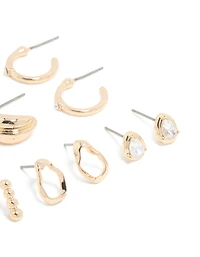 Gold Diamante Ornate Stud & Hoop Earrings 6-Pack