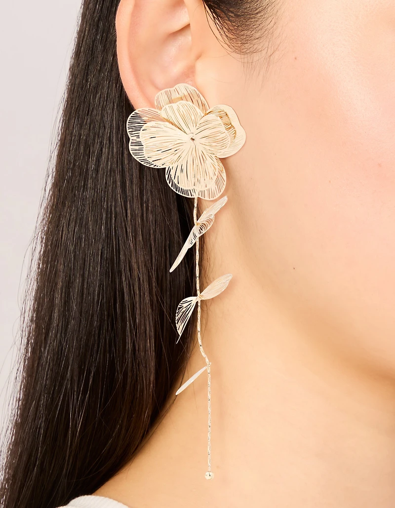 Gold Long Floral Drop Earrings