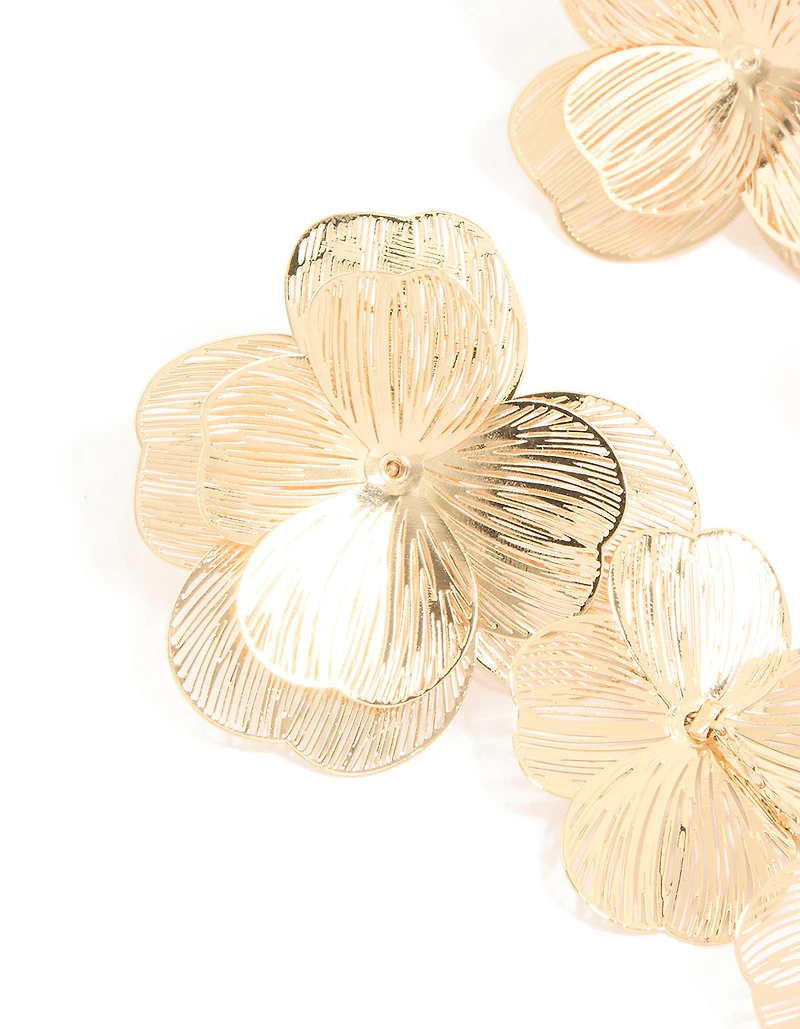 Gold Long Floral Drop Earrings