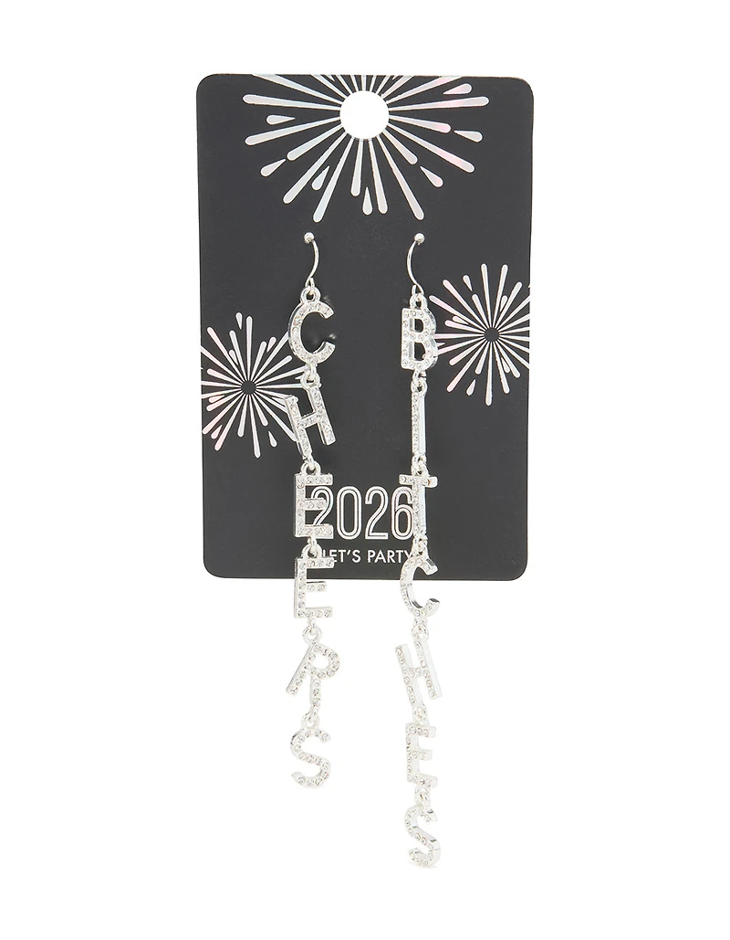Silver Diamante Cheers B*tches Drop Earrings