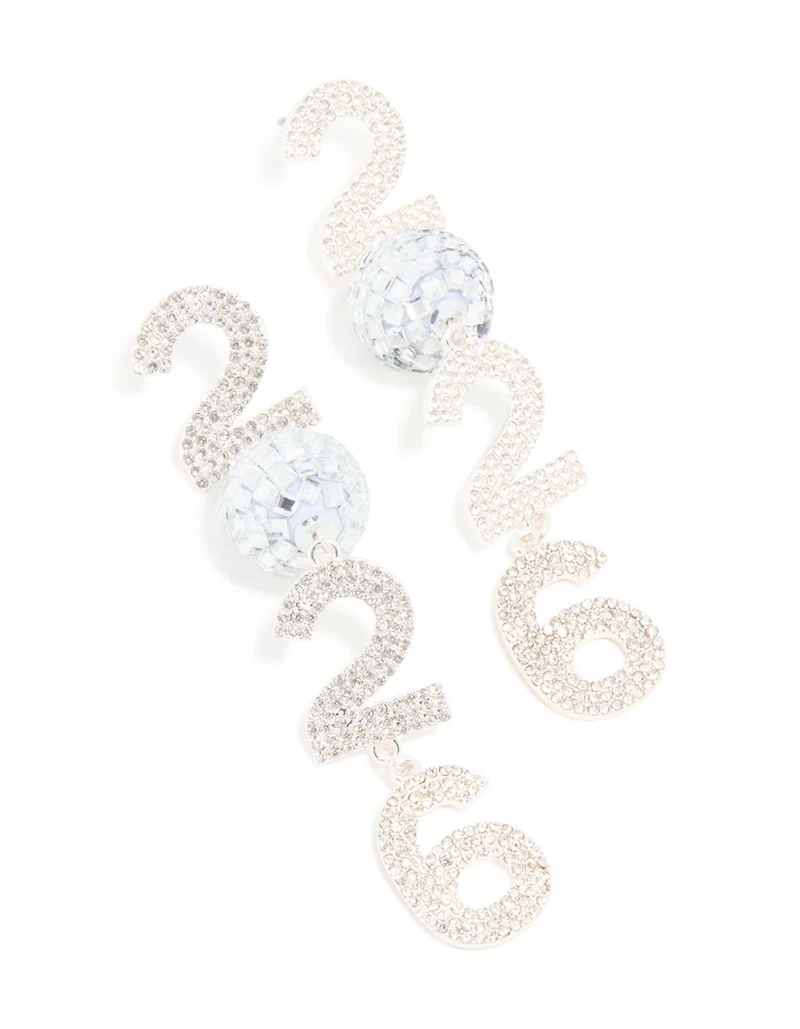 Silver Diamante 2026 Disco Ball Drop Earrings