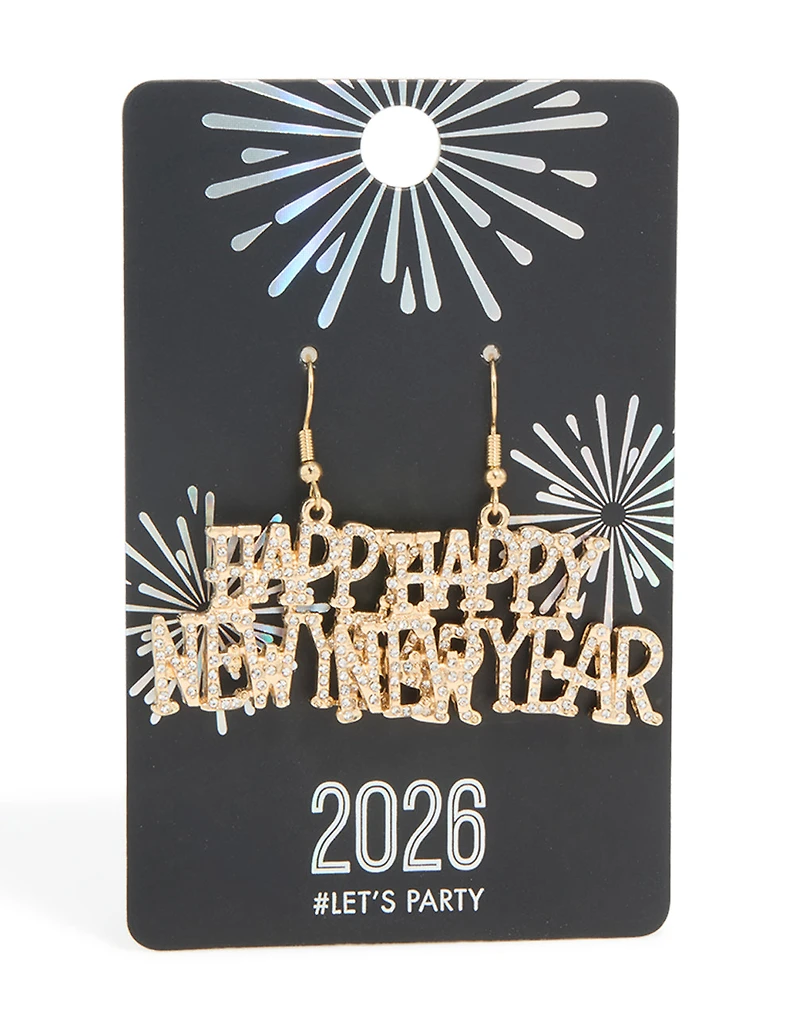 Gold Diamante Happy New Year Drop Earrings