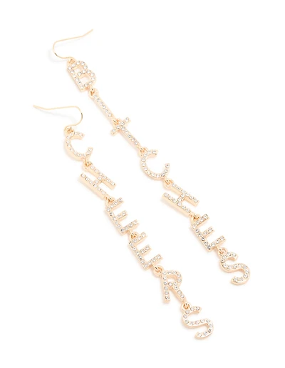 Gold Diamante Cheers B*tches Drop Earrings