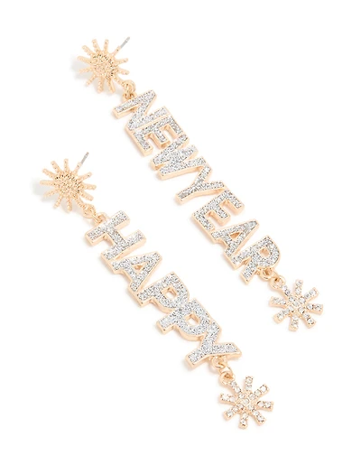 Gold Diamante Happy New Year Star Drop Earrings