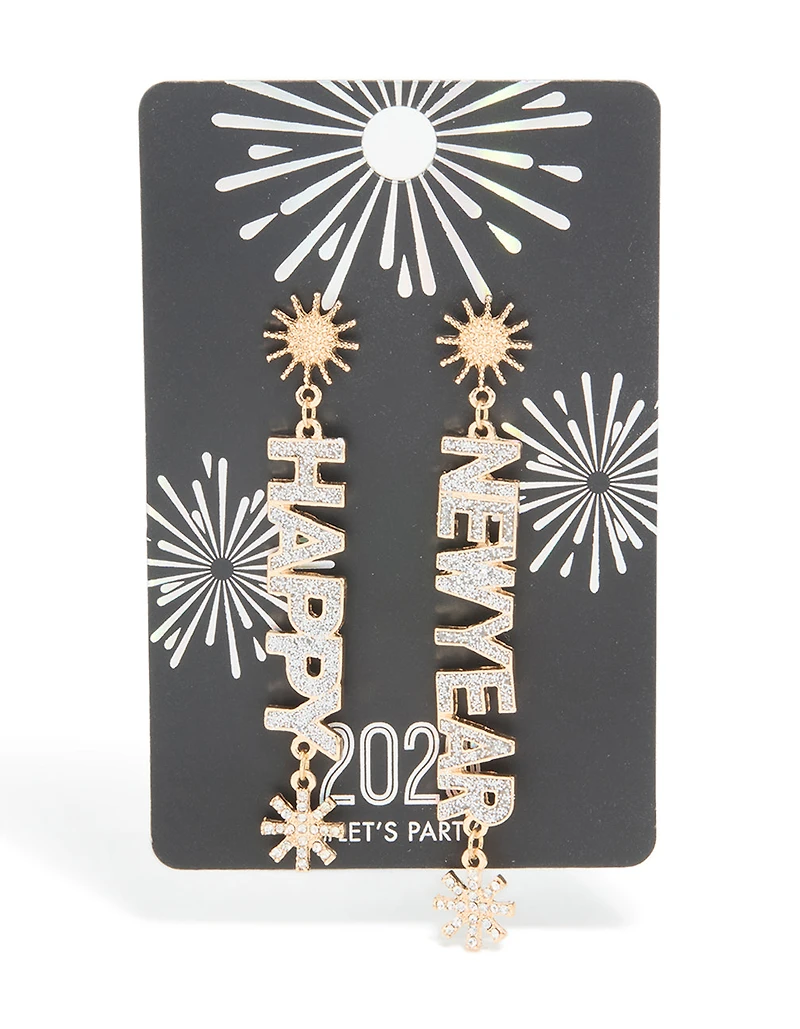 Gold Diamante Happy New Year Star Drop Earrings