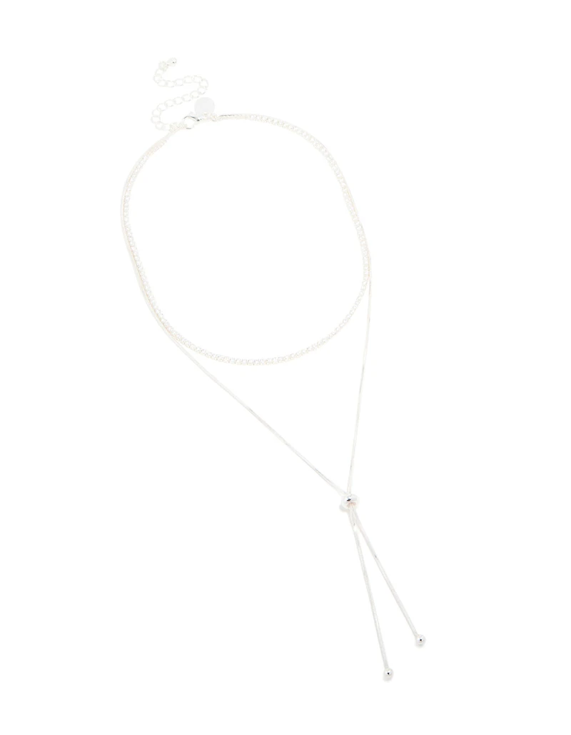 Silver Plated Cubic Zirconia Cup Chain & Snake Chain Y-Necklace