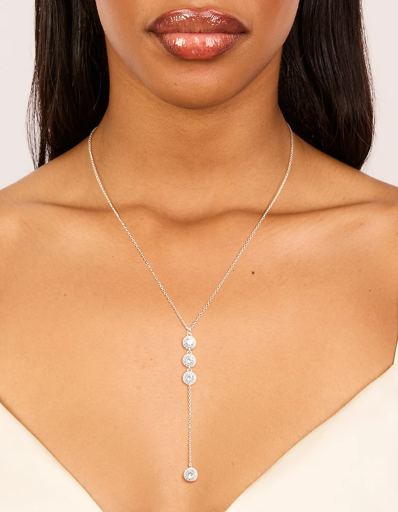 Silver Plated Cubic Zirconia Halo Round Trio Drop Necklace