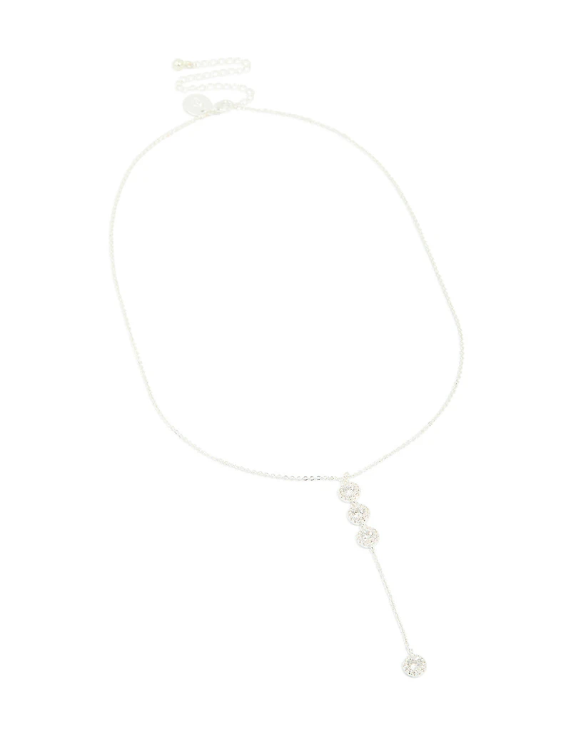 Silver Plated Cubic Zirconia Halo Round Trio Drop Necklace
