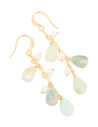 Gold Plated Freshwater Pearl & Green Semi Precious Stone Chain Drop Hook Earrings