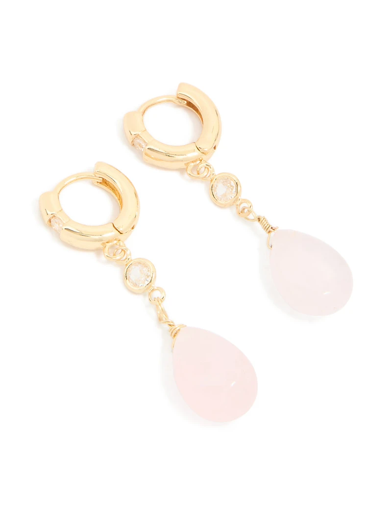 Gold Plated Cubic Zirconia & Rose Quartz Semi Precious Stone Teardrop Earrings
