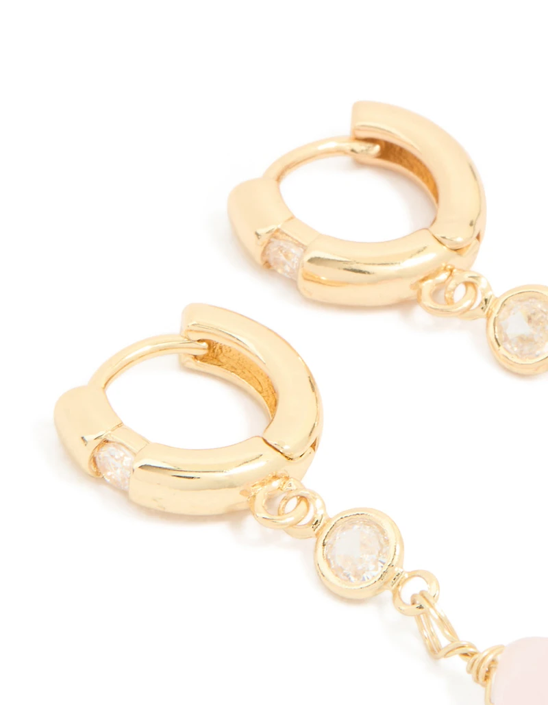 Gold Plated Cubic Zirconia & Rose Quartz Semi Precious Stone Teardrop Earrings