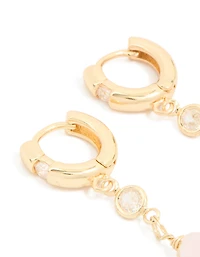 Gold Plated Cubic Zirconia & Rose Quartz Semi Precious Stone Teardrop Earrings