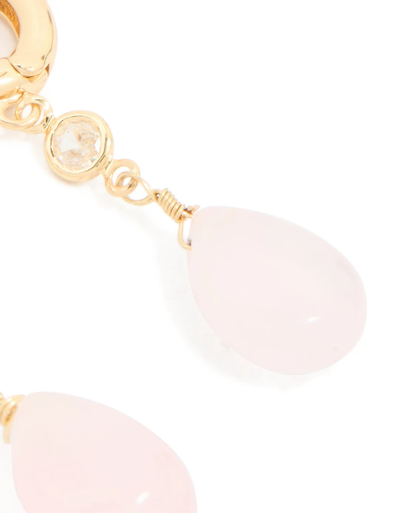 Gold Plated Cubic Zirconia & Rose Quartz Semi Precious Stone Teardrop Earrings