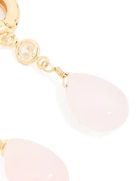 Gold Plated Cubic Zirconia & Rose Quartz Semi Precious Stone Teardrop Earrings