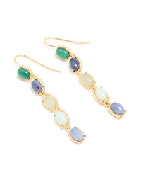 Gold Plated Oval Blue & Green Semi Precious Stone Hook Earrings