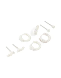 Silver Plated Cubic Zirconia Fine Huggie & Stud Earrings 4-Pack