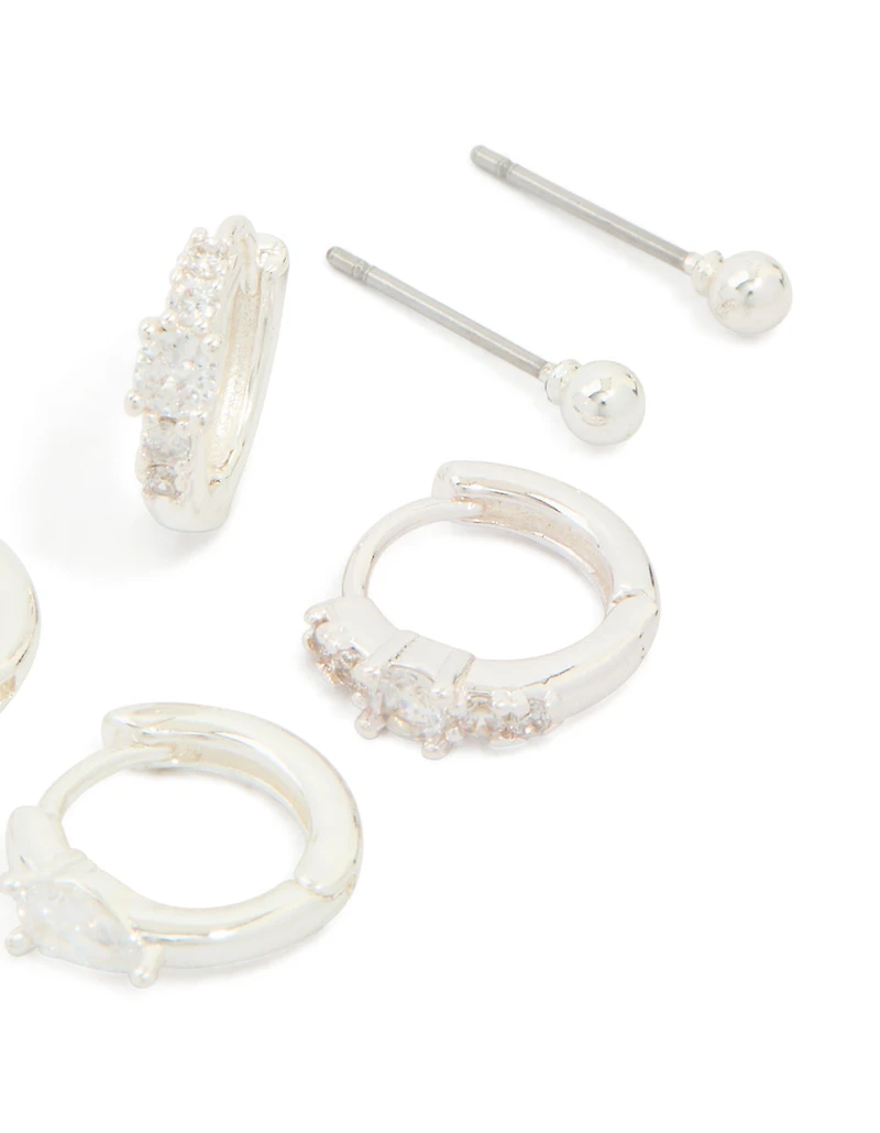 Silver Plated Cubic Zirconia Fine Huggie & Stud Earrings 4-Pack
