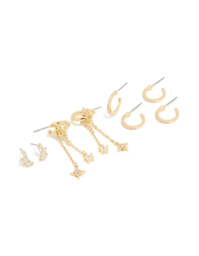 Gold Plated Cubic Zirconia Celestial Chain & Fine Hoop Earrings 4-Pack