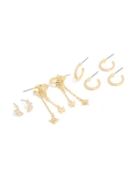 Gold Plated Cubic Zirconia Celestial Chain & Fine Hoop Earrings 4-Pack