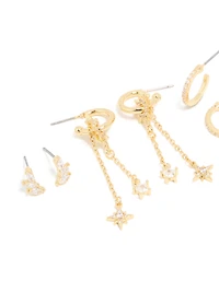 Gold Plated Cubic Zirconia Celestial Chain & Fine Hoop Earrings 4-Pack