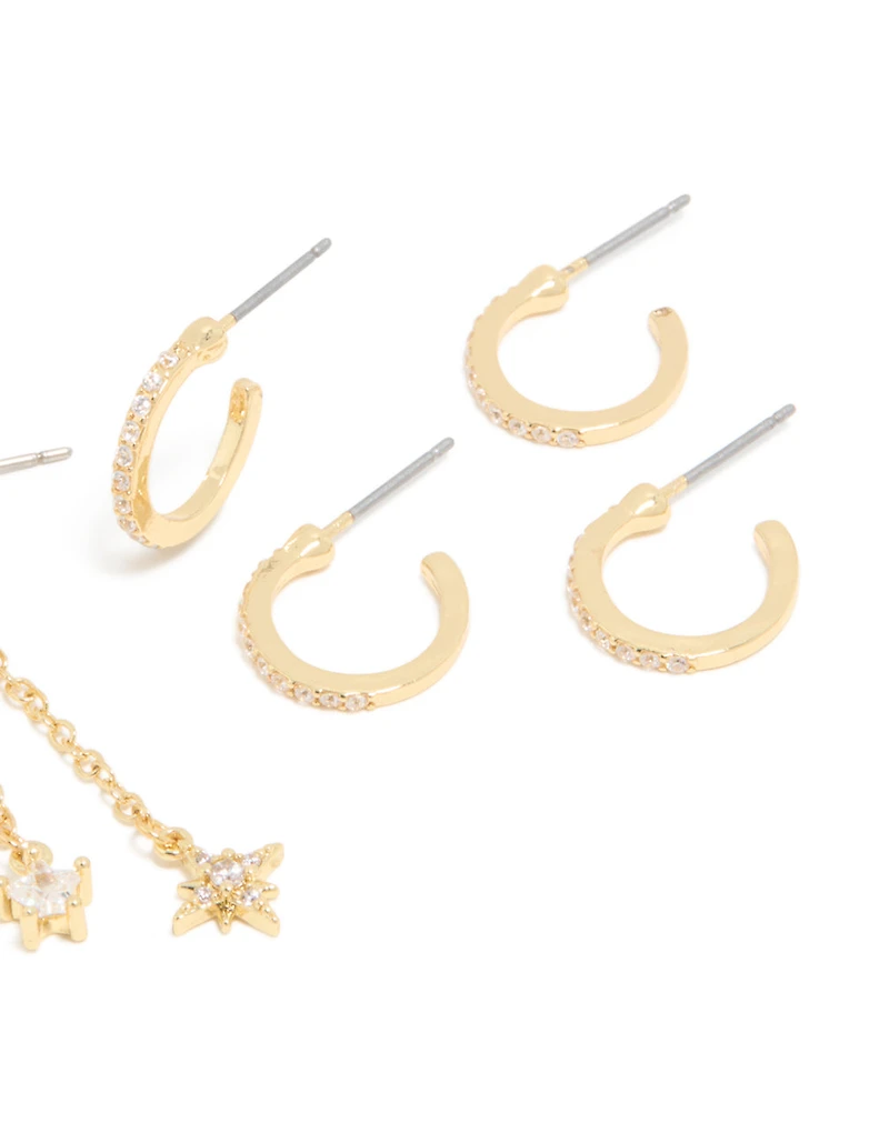 Gold Plated Cubic Zirconia Celestial Chain & Fine Hoop Earrings 4-Pack