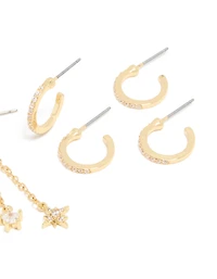 Gold Plated Cubic Zirconia Celestial Chain & Fine Hoop Earrings 4-Pack