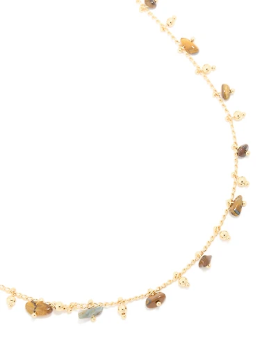 Gold Plated Tigers Eye Semi Precious Stone Short Necklace