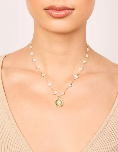 Gold Rose Quartz Semi Precious & Cubic Zirconia Ribbed Pendant Necklace