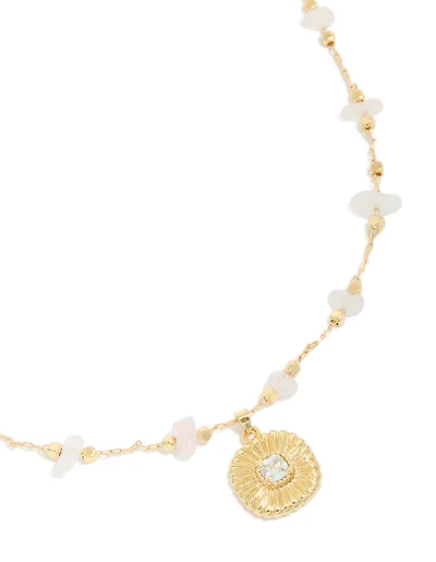Gold Rose Quartz Semi Precious & Cubic Zirconia Ribbed Pendant Necklace