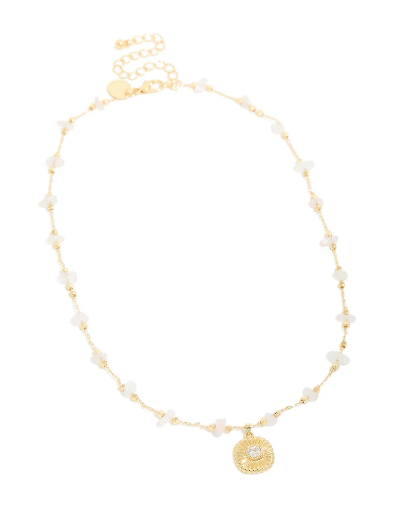 Gold Rose Quartz Semi Precious & Cubic Zirconia Ribbed Pendant Necklace