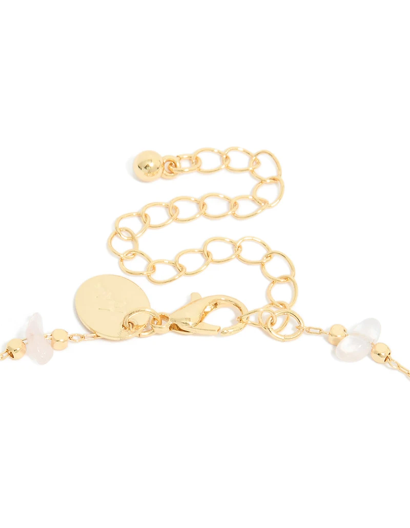 Gold Rose Quartz Semi Precious & Cubic Zirconia Ribbed Pendant Necklace