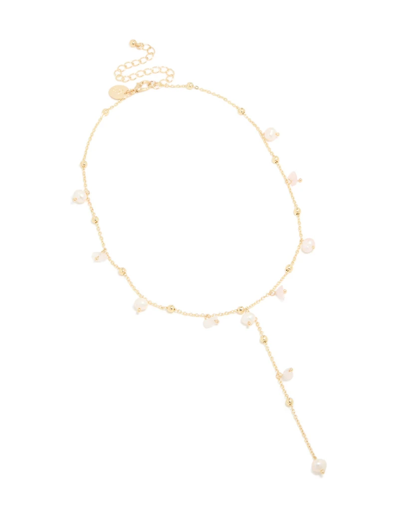 Gold Plated Freshwater Pearl & Pink Rose Quartz Semi Precious Stone Chip Necklace