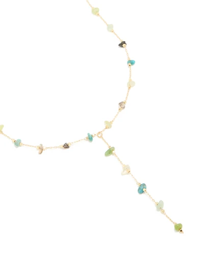 Gold Plated Green Blue Black Semi Precious Stone Y-Necklace