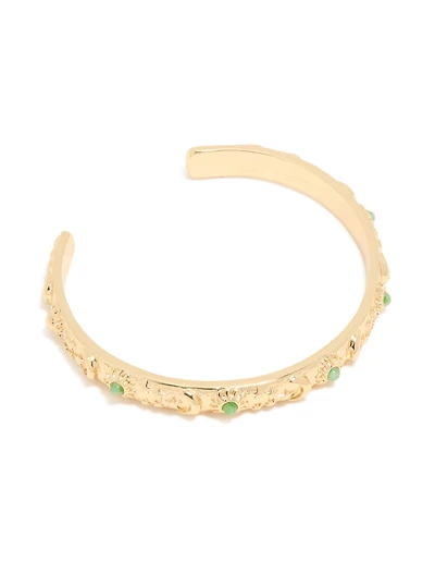 Gold Plated Cluster Green Semi Precious Stone Etched Open Wrist Cuff