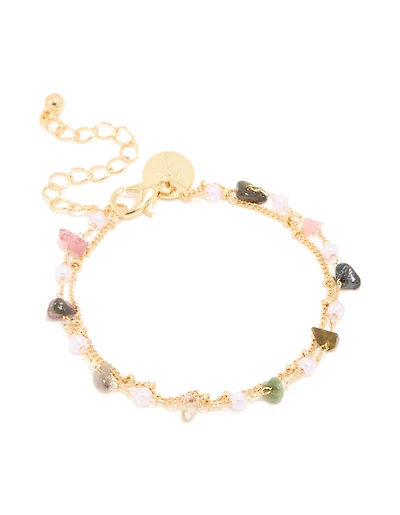 Gold Plated Multicoloured Semi Precious Stone Layered Bracelet