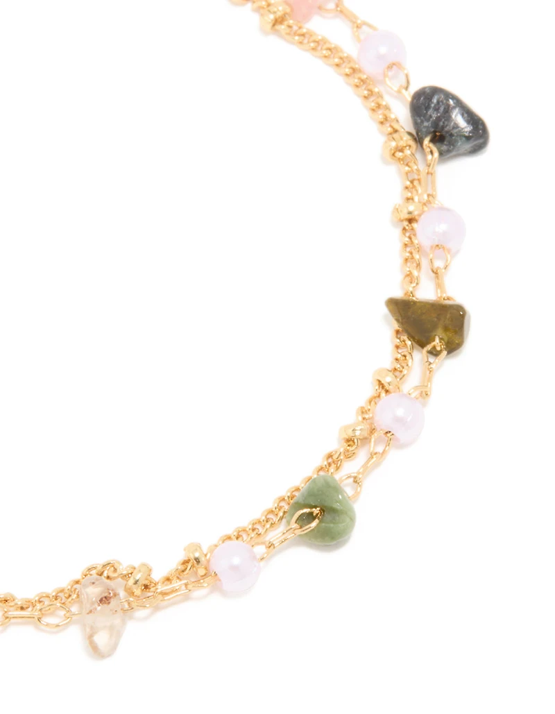 Gold Plated Multicoloured Semi Precious Stone Layered Bracelet