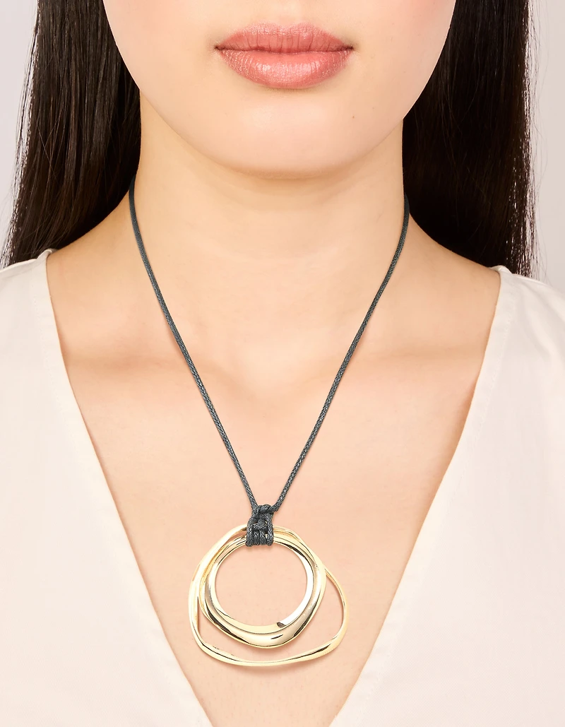 Gold Double Circle Layered Pendant Cord Necklace