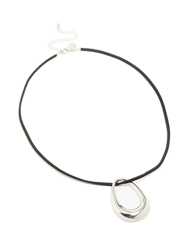 Silver Open Oval Pendant Cord Necklace