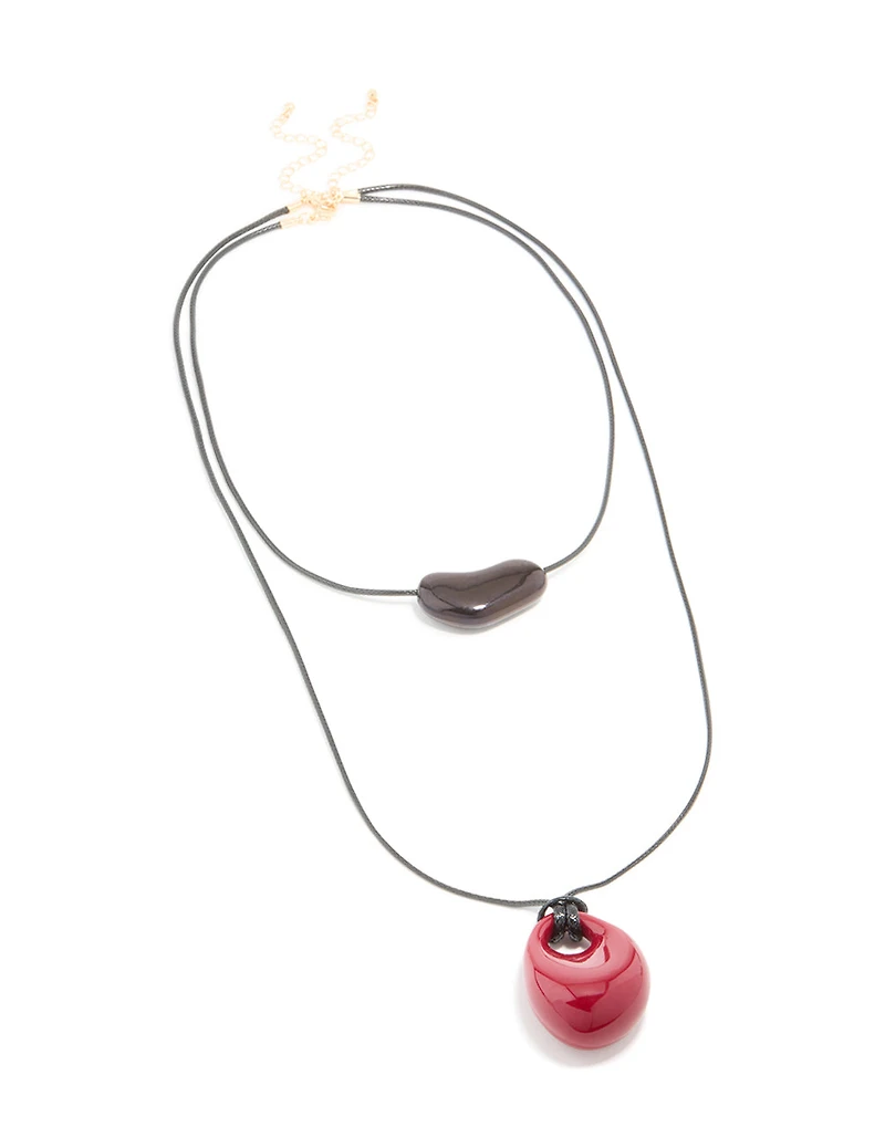 Black & Red Acrylic Pebble Cord Layered Necklace