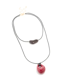 Black & Red Acrylic Pebble Cord Layered Necklace