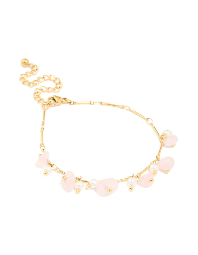 Waterproof Gold Plated Stainless Steel Rose Quartz Semi Precious Stone Chip Bracelet