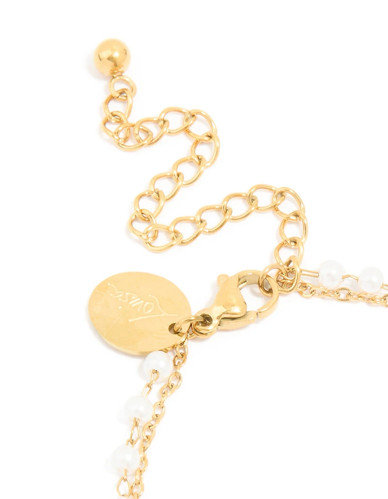 Waterproof Gold Plated Stainless Steel Pearl & Cubic Zirconia Bracelet