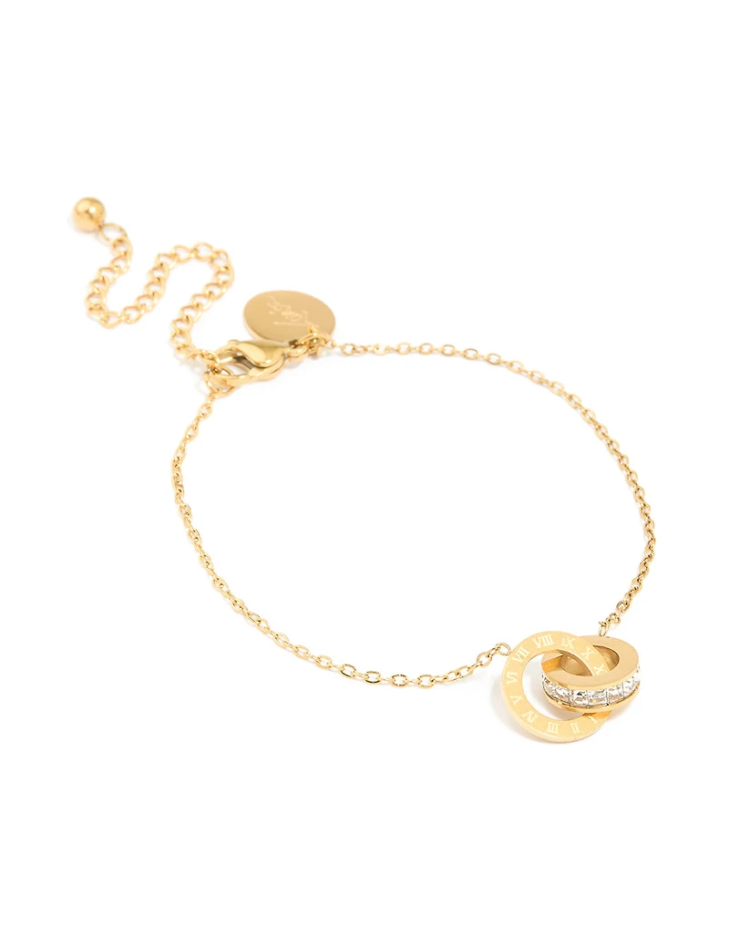 Waterproof Gold Plated Stainless Steel Diamante & Circle Link Chain Bracelet