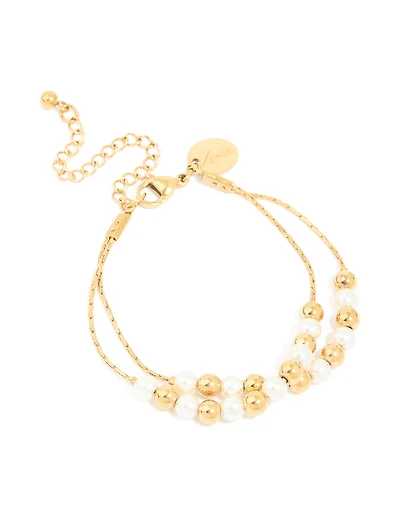 Waterproof Gold Plated Stainless Steel Pearl & Ball Layered Bracelet