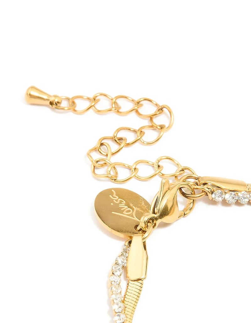 Waterproof Gold Plated Stainless Steel Diamante & Snake Chain Layered Bracelet