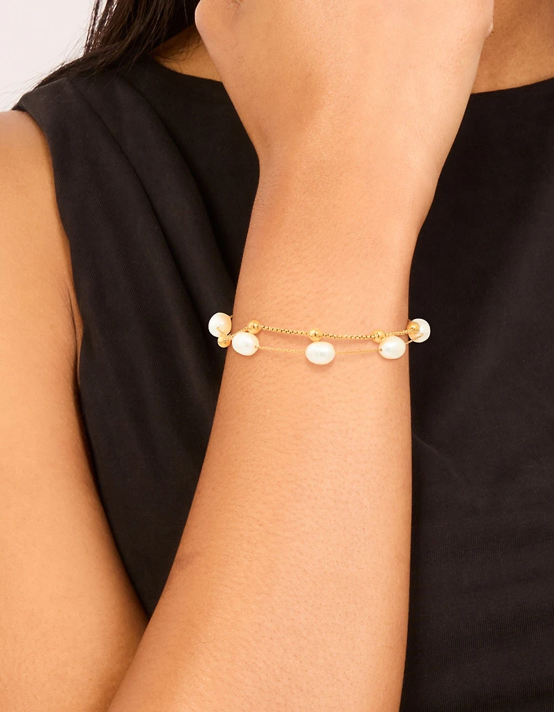 Waterproof Gold Plated Stainless Steel Pearl & Beaded Balls Layered Bracelet