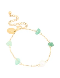 Waterproof Gold-Plated Stainless Steel Pearl & Green Semi Precious Stone Chip Bracelet