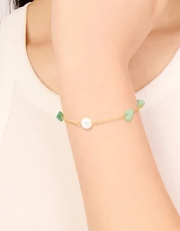 Waterproof Gold-Plated Stainless Steel Pearl & Green Semi Precious Stone Chip Bracelet